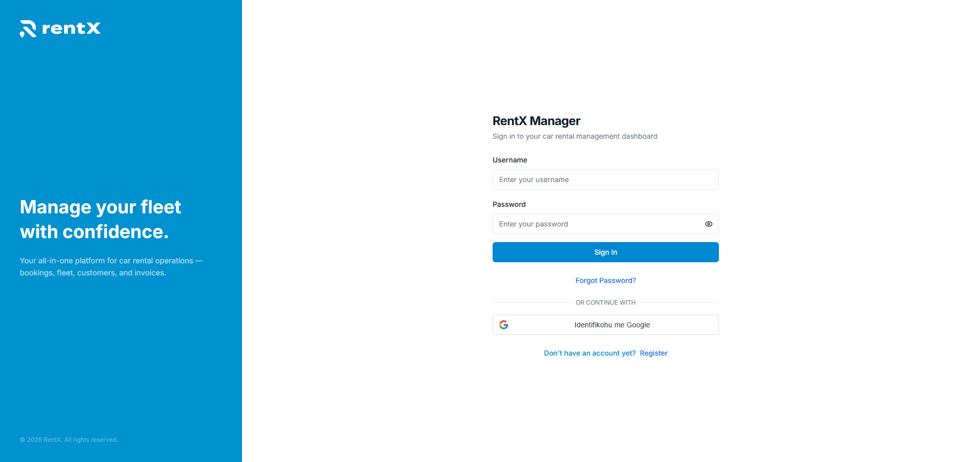 RentX Manager Platform - car rental management dashboard for fleet owners in Albania